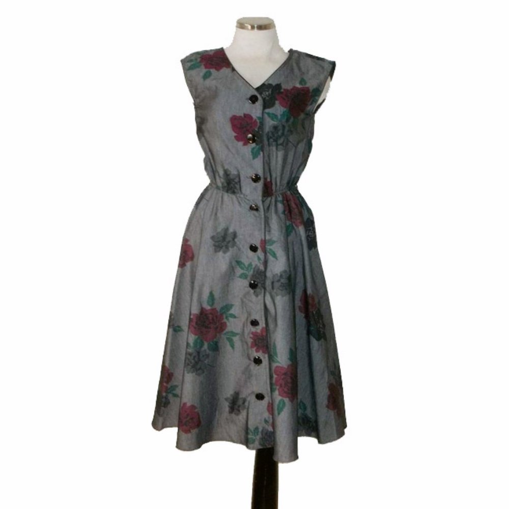 Vtg 80s Button Front Floral Print Dress Small
